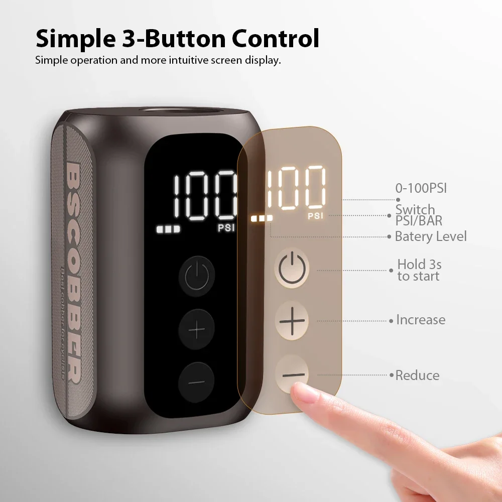 BSCOBBER A5mini Portable Air Pump Portable Rechargeable Wireless Bicycle Accessories Tire Inflator 100PSI High Pressure – Bild 3