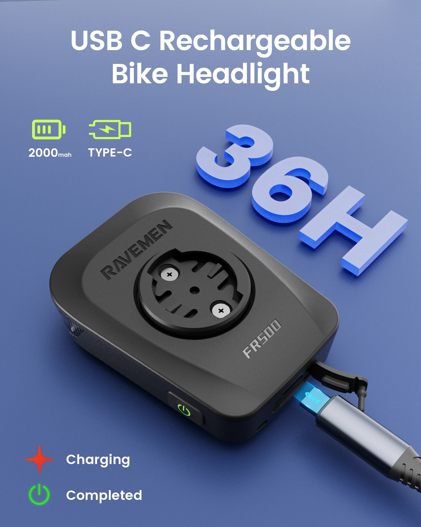 RAVEMEN FR500 Bike Headlight For Garmin Wahoo XOSS IGPSPORT Magene GPS USB-C Rechargeable Bicycle Front Light Daytime Safety Night illumination with AGM04 Gropo Adapter – Bild 8